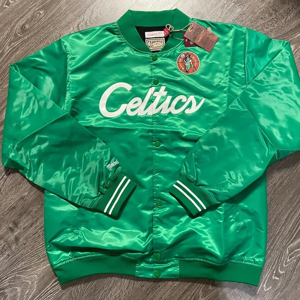 Mitchell & Ness NBA Boston Celtics Satin Bomber Jacket Button Snap Retro Men XLT